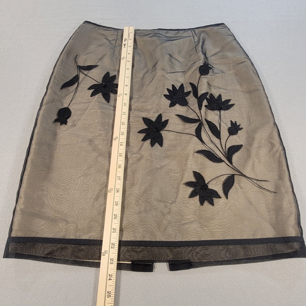 Vintage Y2K Donna Morgan Skirt Silk Floral Applique Mesh Black Beige Women's 12 - Picture 5 of 8